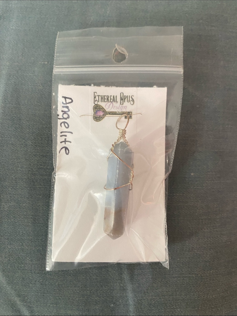 Wire-Wrapped Angelite Point Pendant - Light Blue and Cream